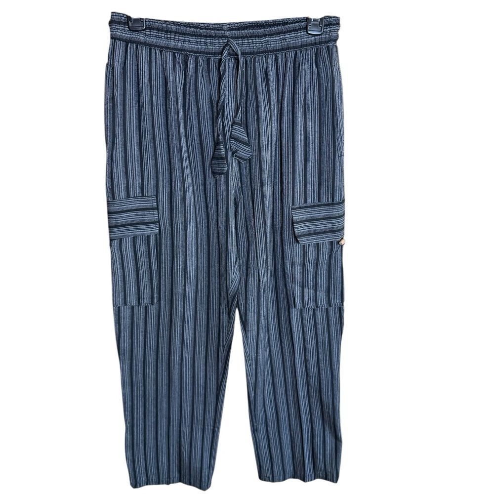 Rhea Striped Cargo Pants Black Handmade 100% Cotton Nepalese Boho- Unisex Small